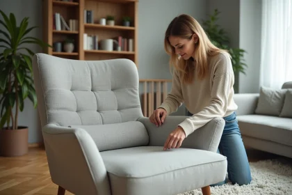 Femme posant un couvre-siège personnalisé dans un salon chaleureux