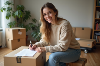 Jeune femme signant un document dans un appartement en déménagement