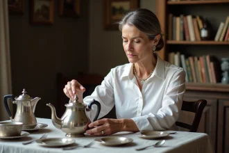 Femme contemplant un vieux service en argent patiné