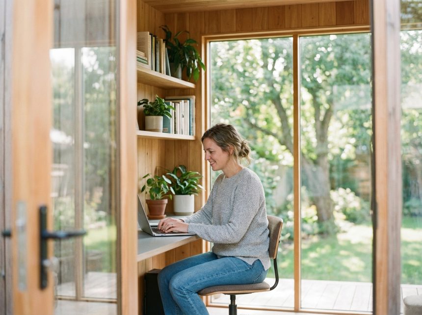 Femme en tenue décontractée travaillant dans un studio jardin lumineux