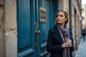 Femme élégante en trench bleu devant une porte ancienne