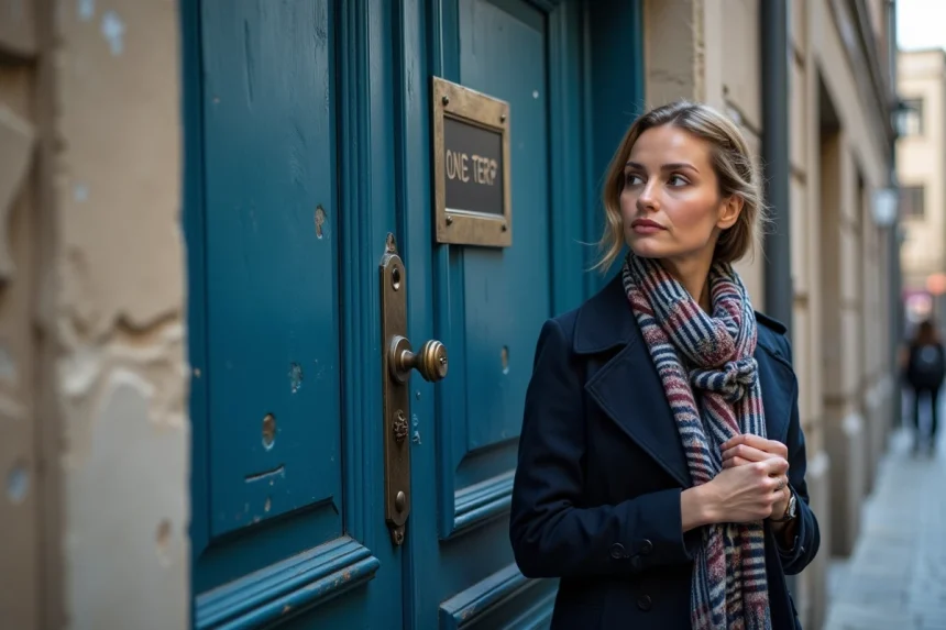 Femme élégante en trench bleu devant une porte ancienne