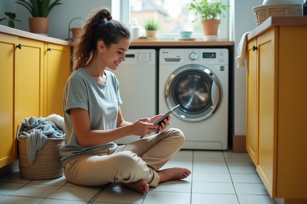 Jeune femme lit instructions de lave-linge dans la buanderie