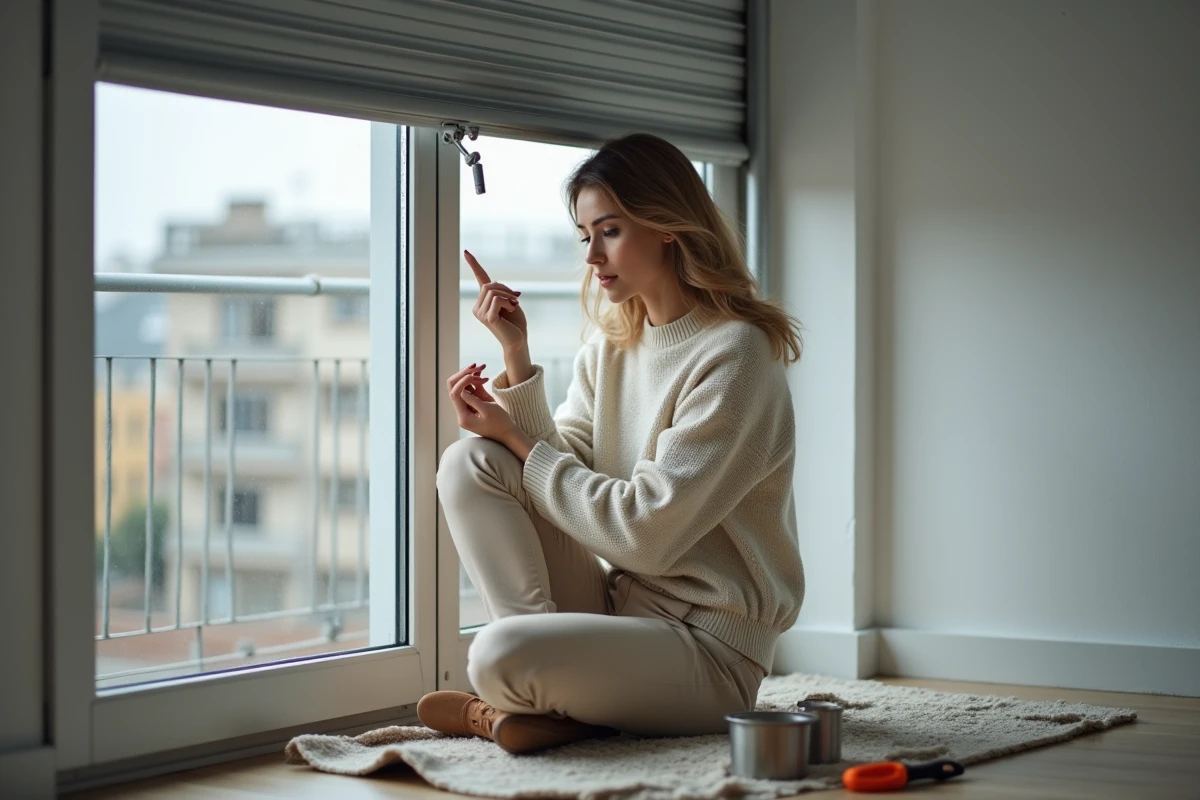 Jeune femme examinant un volet roulant sur un balcon intérieur