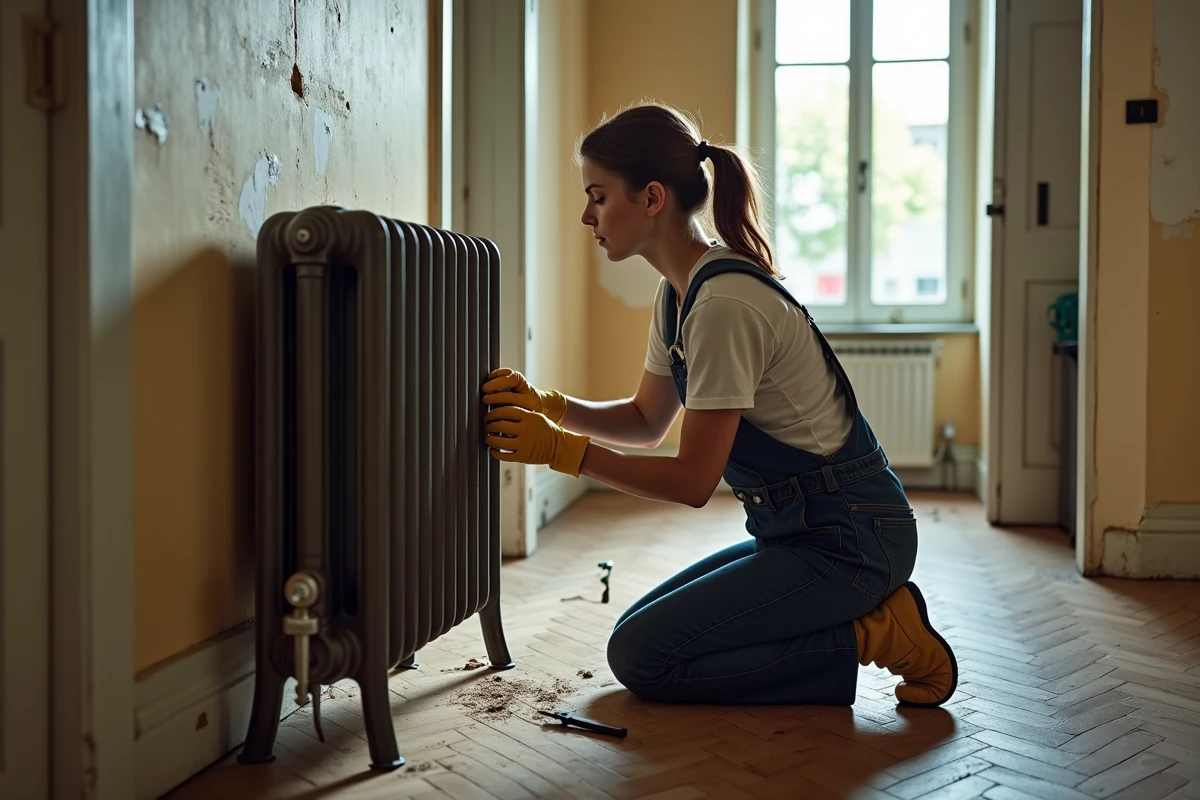 Jeune femme vérifiant les fixations du radiateur en intérieur