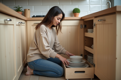 Femme en cuisine organisant la vaisselle dans un box