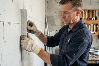 Artisan positionant une cornière en aluminium contre un mur en béton lors d'une installation professionnelle