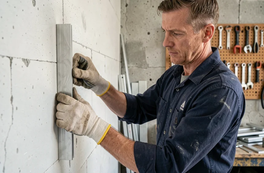 Artisan positionant une cornière en aluminium contre un mur en béton lors d'une installation professionnelle
