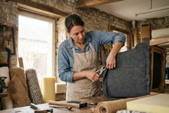 Femme en reconversion professionnelle apprenant le métier de tapissier dans un atelier artisanal, tendant un tissu gris sur un fauteuil en bois