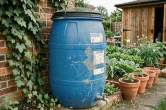 Fût plastique bleu de 200 litres récupéré comme collecteur d'eau de pluie dans un jardin potager avec robinet métallique et filtre grillagé