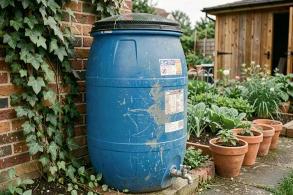 Fût plastique bleu de 200 litres récupéré comme collecteur d'eau de pluie dans un jardin potager avec robinet métallique et filtre grillagé