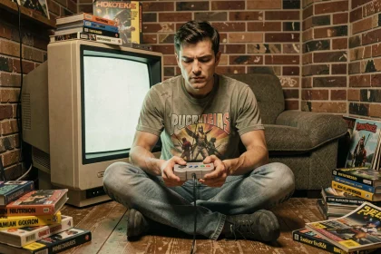 Homme jouant sur une console rétro SNES connectée à un téléviseur CRT vintage dans un sous-sol décoré d'objets gaming des années 90