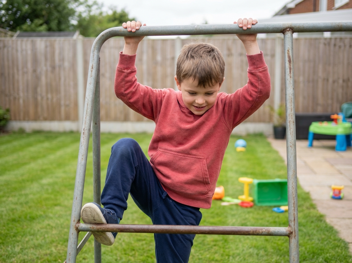 Garçon grimpe sur une balançoire dans un jardin