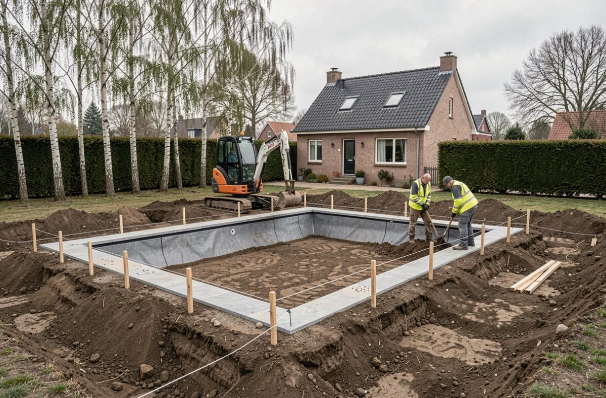 Équipe GBT-Toktas en train d'excaver un chantier de piscine enterrée dans un jardin de Seine-Maritime