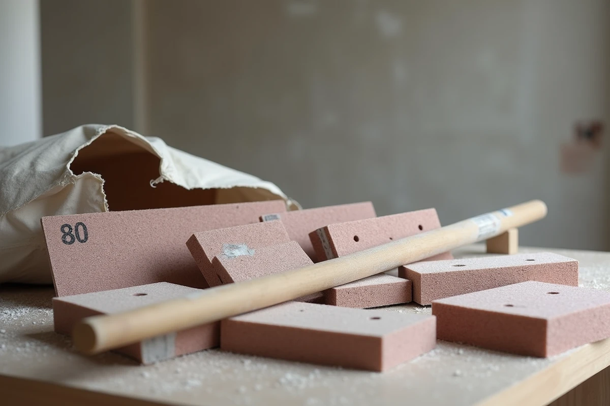 Différents grains de papier abrasif pour poncer enduit finition intérieur posés sur établi de chantier