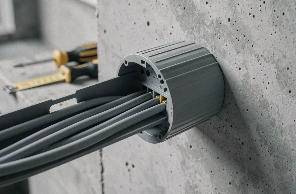 Gros plan d'une goulotte PVC grise ouverte avec prise électrique en cours d'installation sur mur en béton