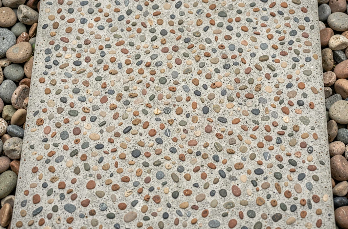 Gros plan sur la surface d'un béton désactivé avec galets apparents, détail de la texture et de la finition pour évaluer le prix au m2