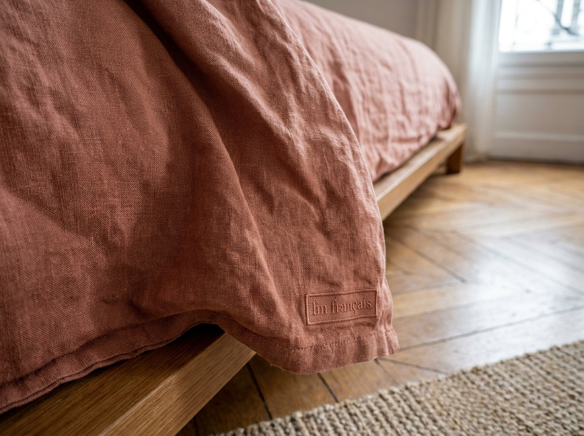 Gros plan sur la texture du lin lavé français terracotta avec détail de l'étiquette brodée, qualité artisanale du linge de lit