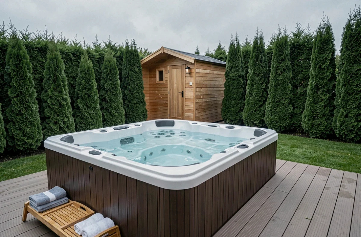 Installation de spa extérieur haut de gamme avec jacuzzi et sauna en bois par Groupe Spa Normandie dans un jardin privé