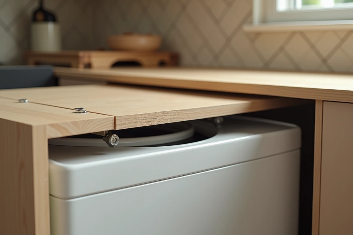 Gros plan sur l'espace entre le dessus d'une machine à laver et le meuble Ikea installé au-dessus dans une cuisine