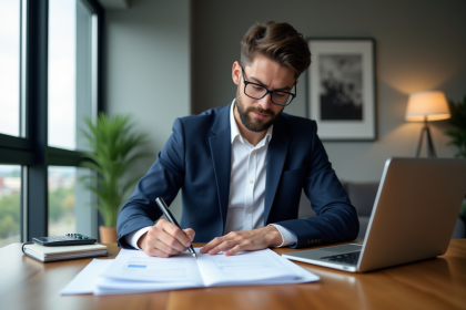 Jeune homme en costume analysant des contrats de location