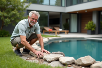 Homme en été arrangeant des pierres autour d'une piscine moderne