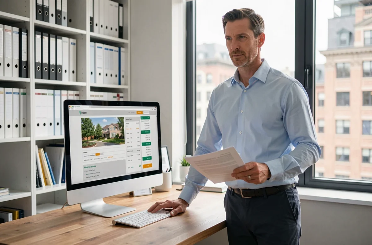 Homme analysant des documents de prix immobiliers devant un ordinateur dans un bureau à domicile