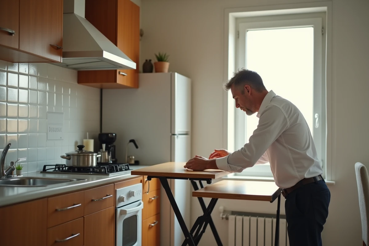 Homme en blanc assemblant une table pliante dans une cuisine lumineuse