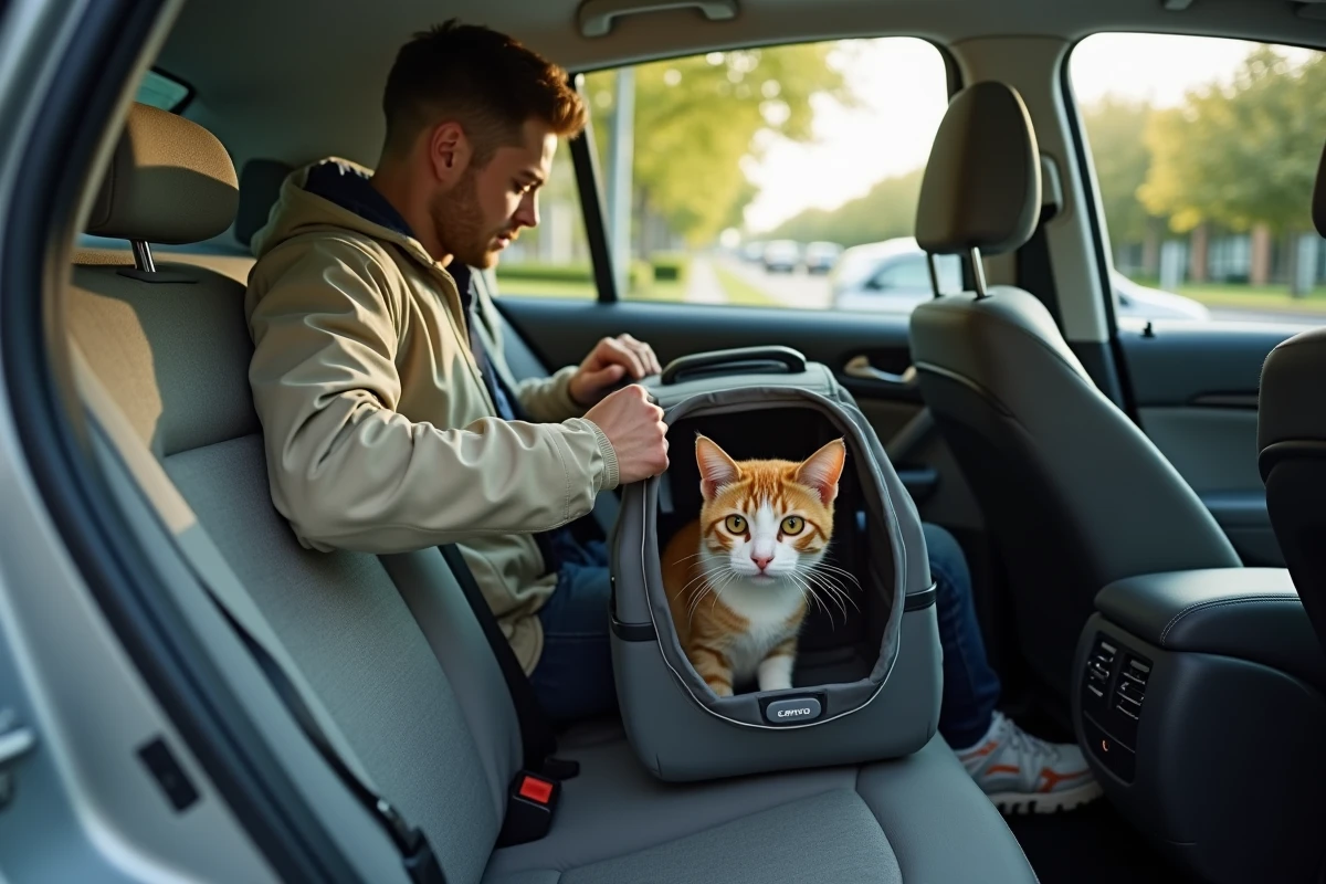 Jeune homme attachant un chat dans une voiture moderne