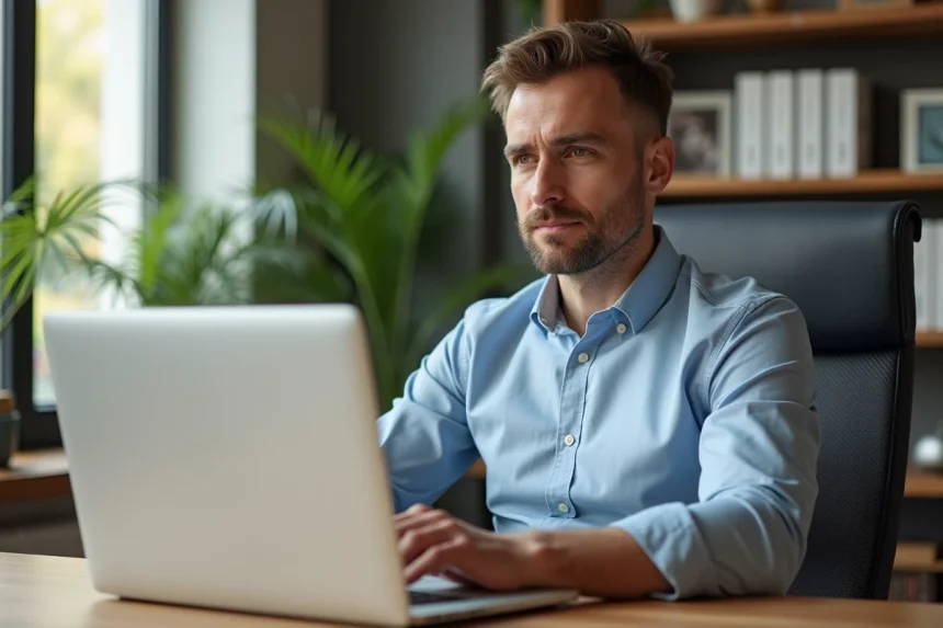 Homme professionnel travaillant sur son ordinateur dans un bureau lumineux