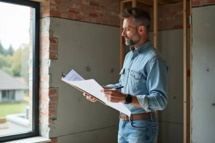 Homme en chantier de rénovation avec plans et mur partiellement fini