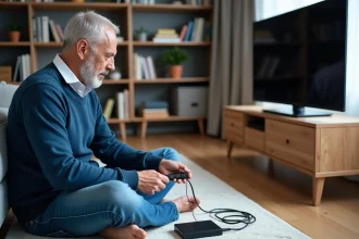 Homme d'âge moyen connectant un répartiteur HDMI à un décodeur satellite