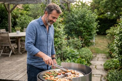 Homme d'âge moyen cuisine légumes et fruits de mer en plein air