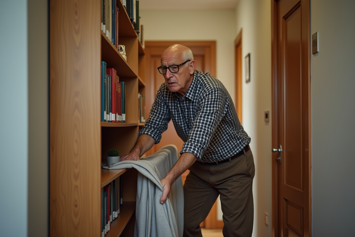 Homme âgé déplaçant une bibliothèque dans un couloir