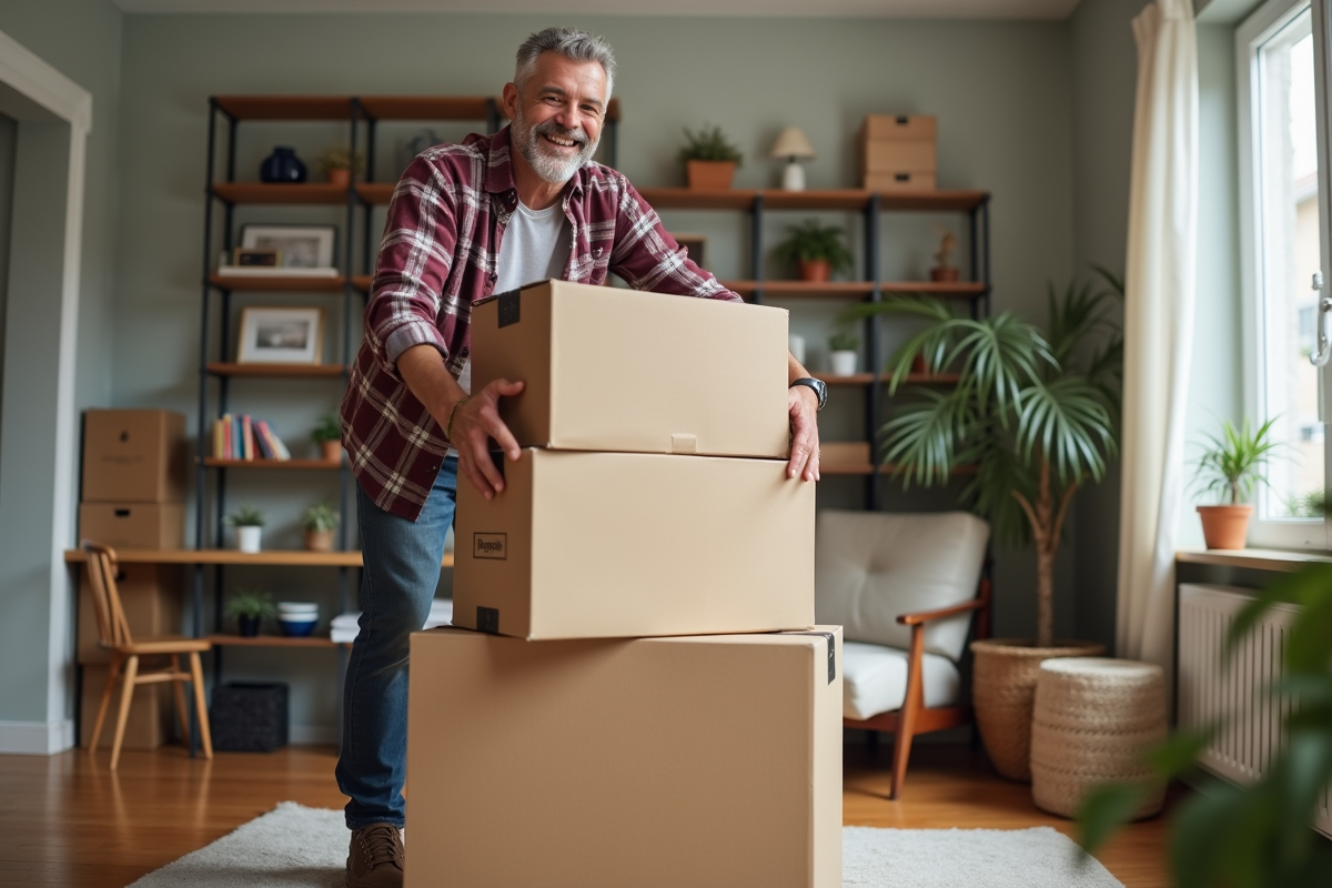 Homme arrangeant des cartons de demenagement dans son appartement