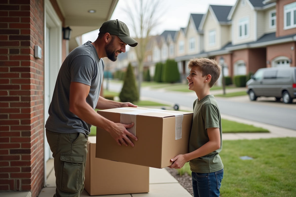 Homme et adolescent scellant une boîte de déménagement dehors