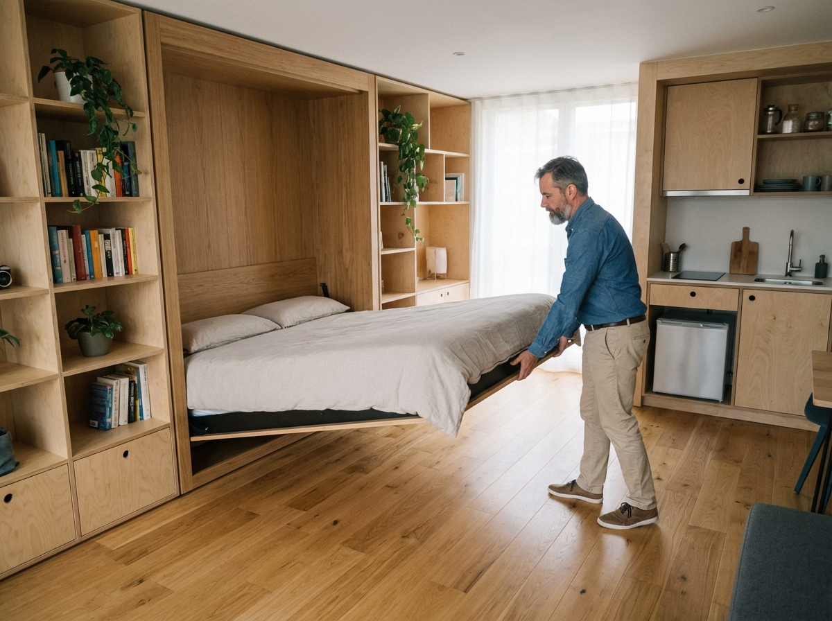 Homme ajustant un lit dans un petit studio moderne