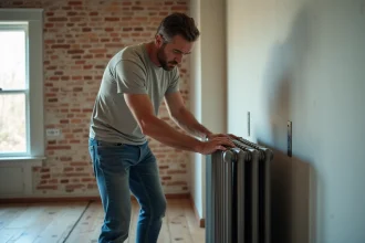 Homme posant un radiateur en fonte dans un salon rénové