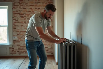 Homme posant un radiateur en fonte dans un salon rénové