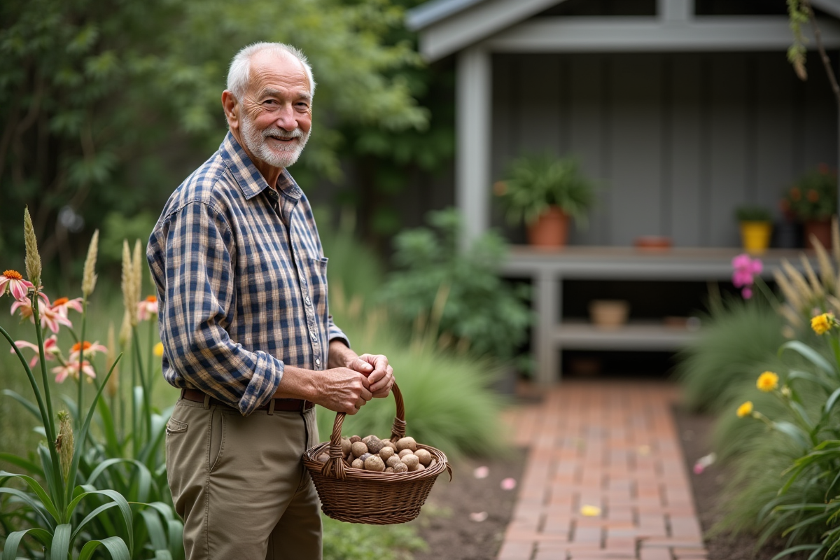 Homme âgé tenant un panier de lys fraîchement déterrés