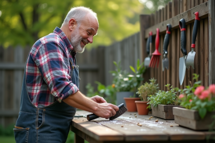 Homme en jeans et chemise à carreaux nettoyant un outil de jardin