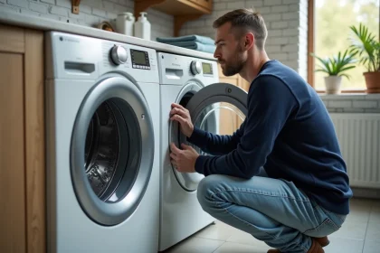 Homme d'âge moyen examine un lave-linge dans une buanderie
