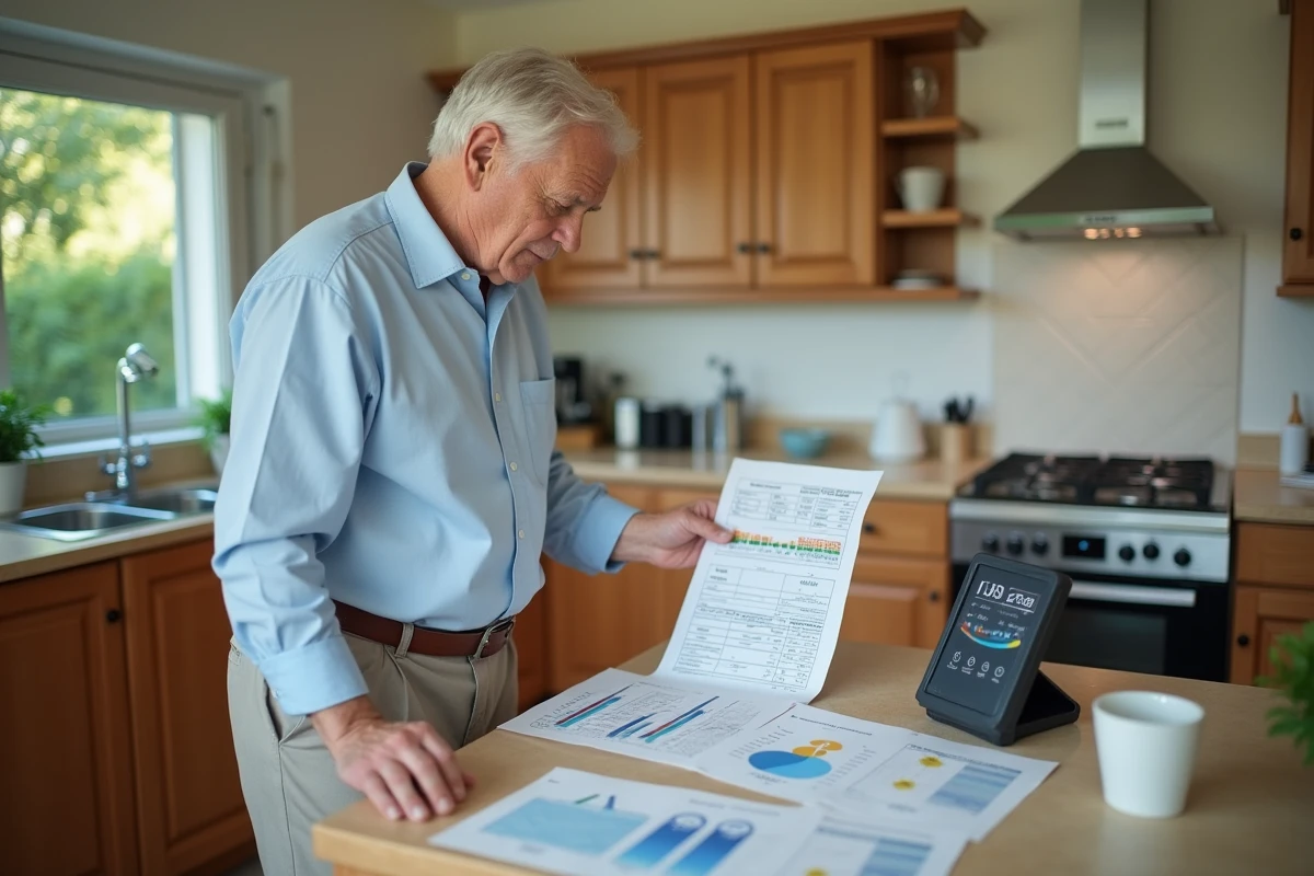 Homme d age analyse un graphique IDS 20 dans sa cuisine