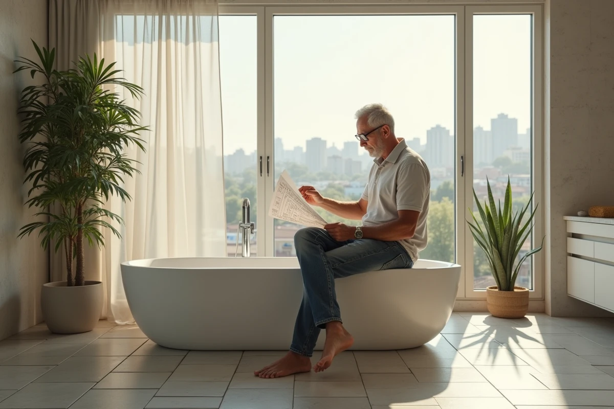 Homme lisant un tableau de mesure dans une salle de bain lumineuse