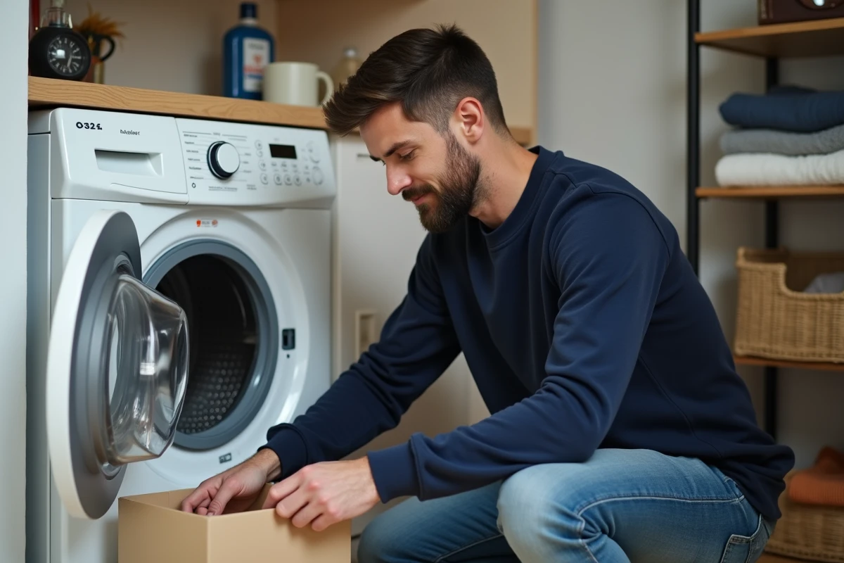 Homme versant de la lessive en poudre dans un lave-linge ouvert dans un appartement moderne