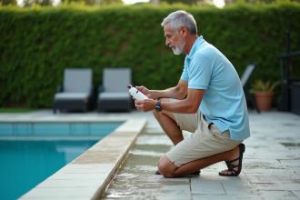 Homme d'âge moyen lisant une bouteille de produit chimique au bord de la piscine