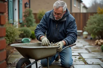 Homme d'âge moyen mélangeant du mortier dans un jardin