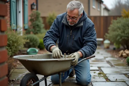 Homme d'âge moyen mélangeant du mortier dans un jardin