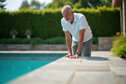 Homme d'âge moyen examine la terrasse en pierre naturelle autour de la piscine
