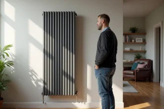 Homme moyenâgeux examine un radiateur moderne dans un salon lumineux